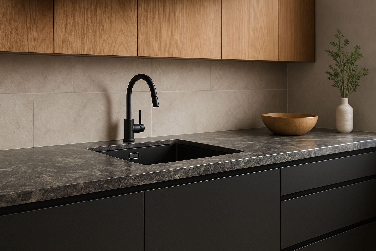 Dunkelgraue Naturstein-Arbeitsplatte mit feiner Maserung in moderner Küche, kombiniert mit Holzfronten und schwarzer Spüle.