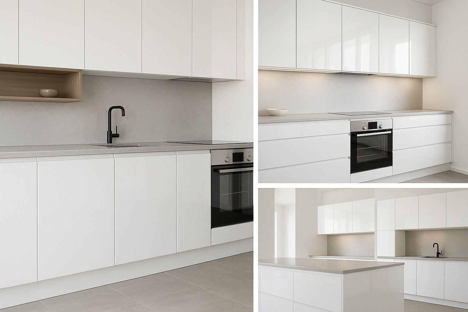 Moderne weiße Hochglanz-Küchenfronten in minimalistischer Küche mit grauer Arbeitsplatte, schwarzer Armatur und klaren Linien.