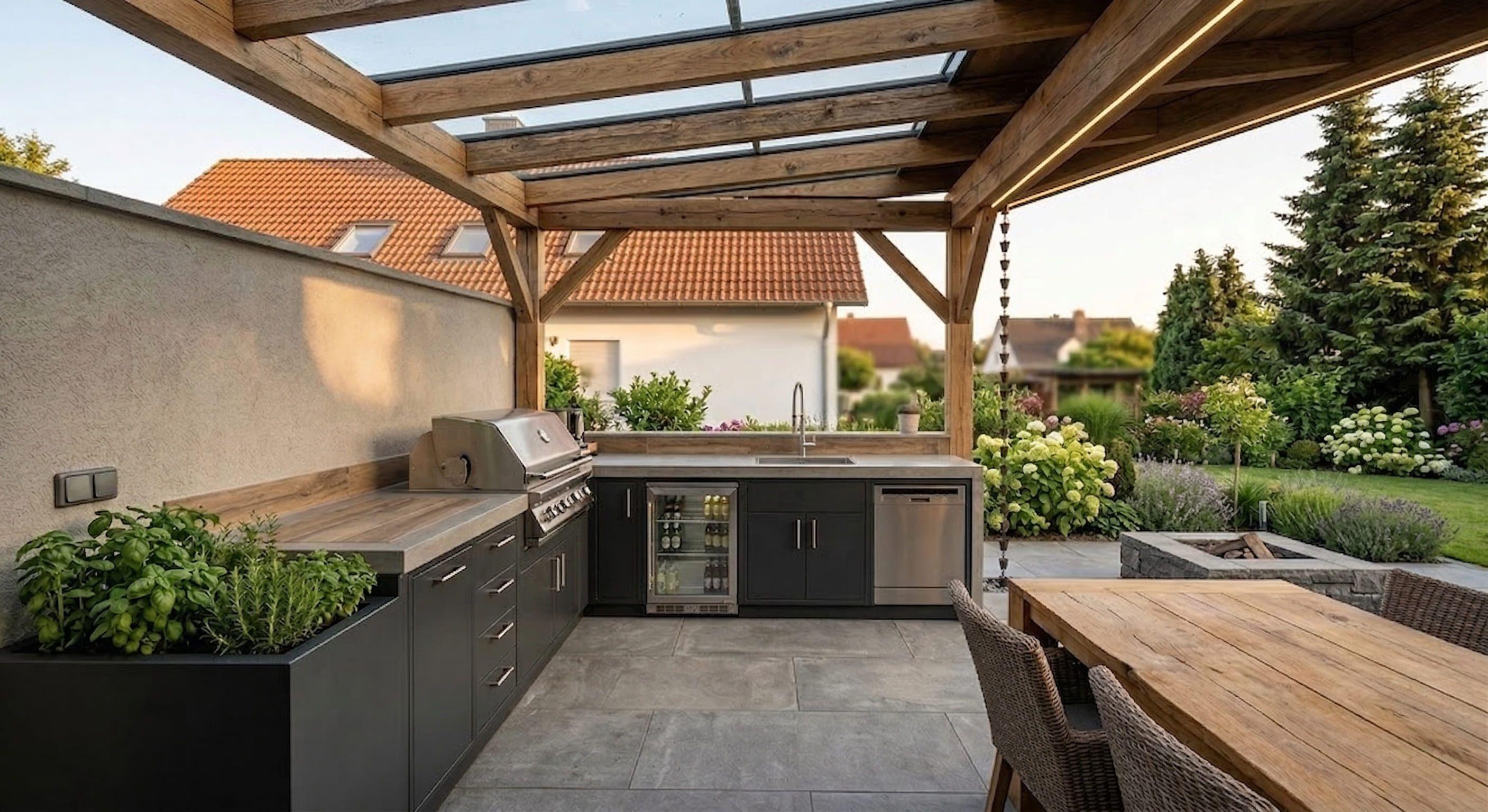 Überdachte Outdoor-Küche mit schwarzer Küchenzeile, Grill, Kühlschrank, Spüle und Holztisch mit Stühlen vor Garten mit Büschen und Bäumen.